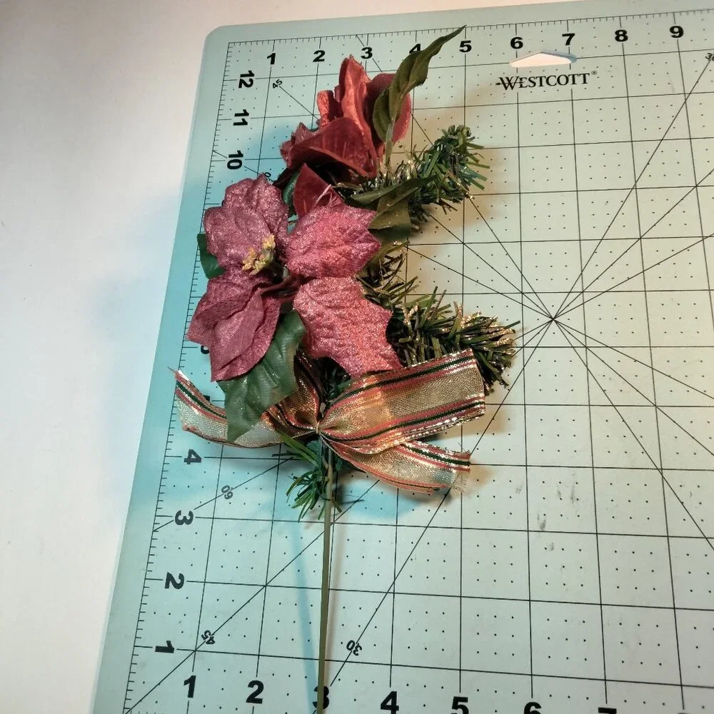 Artificial Red Poinsettia Floral Pick Glitter Gold Ribbon Trim Vtg Christmas